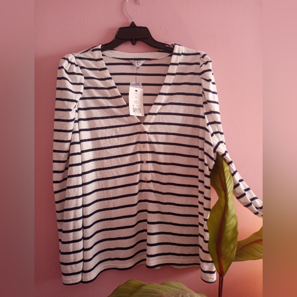 crown & ivy White and Navy Striped V-Neck Long Sleeve Top